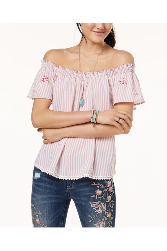 Juniors Off The Shoulder Peasant Top Pink Stripe XL