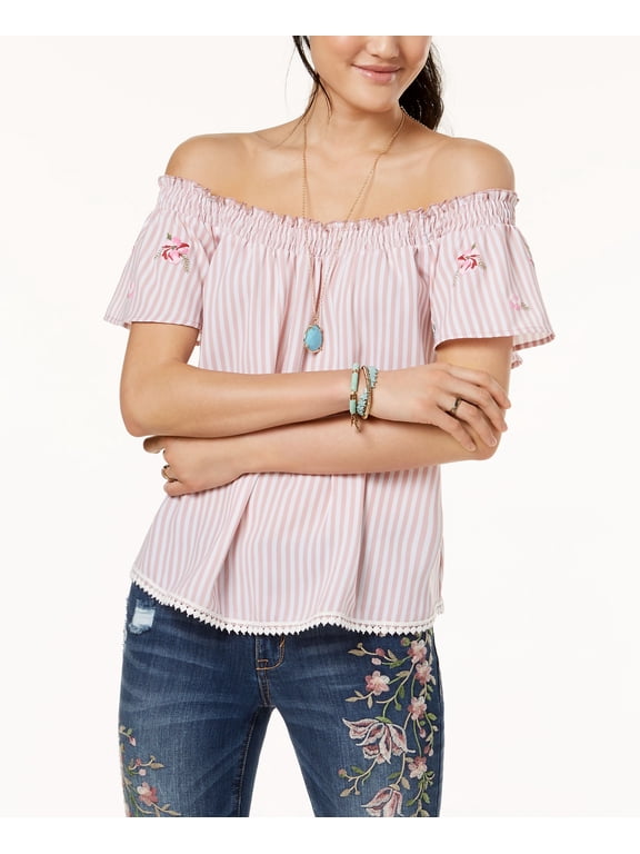Juniors Off The Shoulder Peasant Top Pink Stripe XL