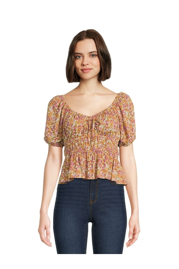 Juniors Peplum Print Peasant Top