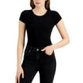 thumbnail image 1 of Self Esteem Juniors' Rib-Knit Lace-Trim Bodysuit Black Short Sleeve Size XL, 1 of 1