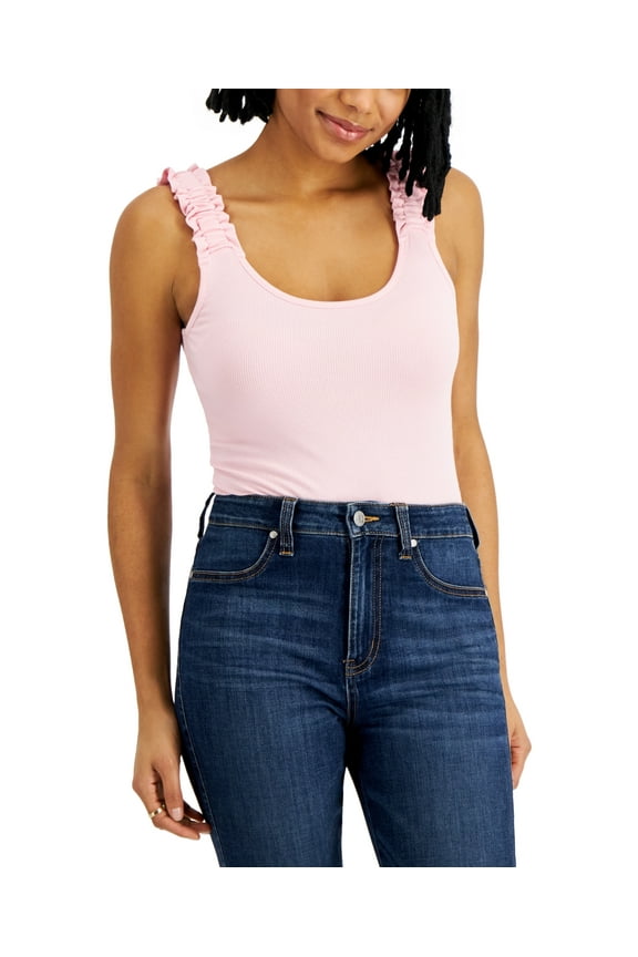 Juniors Ribbed Ruffled-Strap Bodysuit, Rose Shadow, Medium