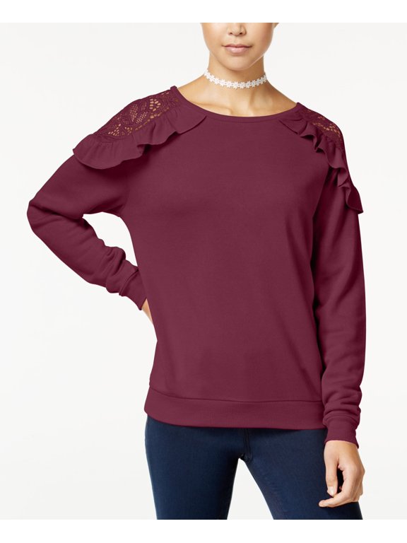 Juniors Ruffled Lace Trim Cold Shoulder Sweatshirt Pink Deep Merlot L