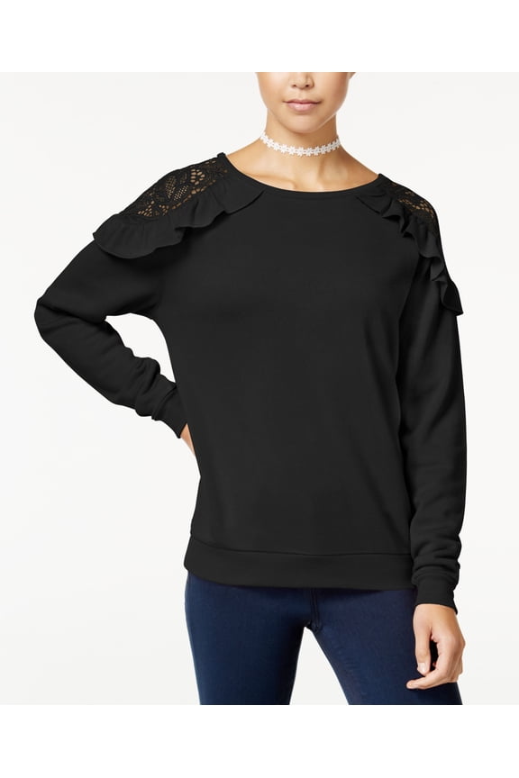 Juniors Ruffled Lace Trim Cold Shoulder Sweatshirt Black XS