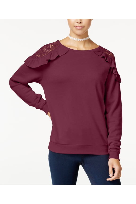 Juniors Ruffled Lace Trim Cold Shoulder Sweatshirt Deep Merlot S