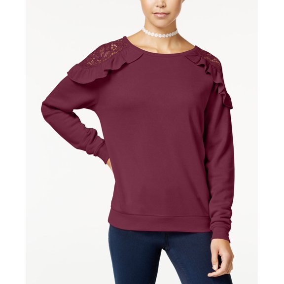 Self Esteem Juniors Ruffled Lace Trim Cold Shoulder Sweatshirt Deep Merlot XS