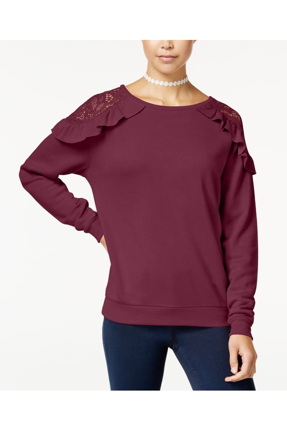 Juniors Ruffled Lace Trim Cold Shoulder Sweatshirt Deep Merlot XS
