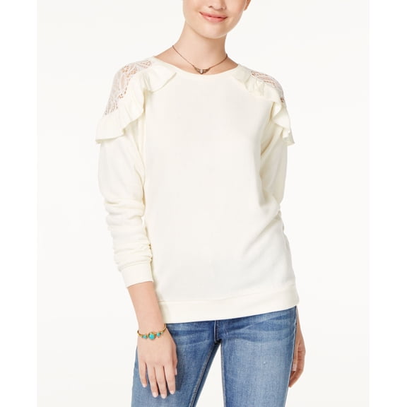 Self Esteem Juniors Ruffled Lace Trim Cold Shoulder Sweatshirt Ivory XL