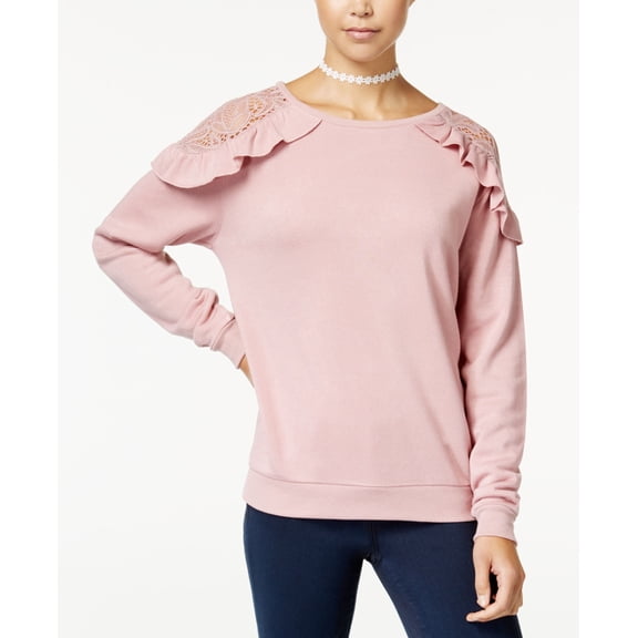 Self Esteem Juniors Ruffled Lace Trim Cold Shoulder Sweatshirt Wood Rose XL