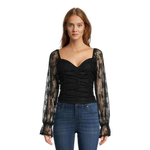 Self Esteem Juniors Shirred Bodice Crop Top with Blouson Sleeves