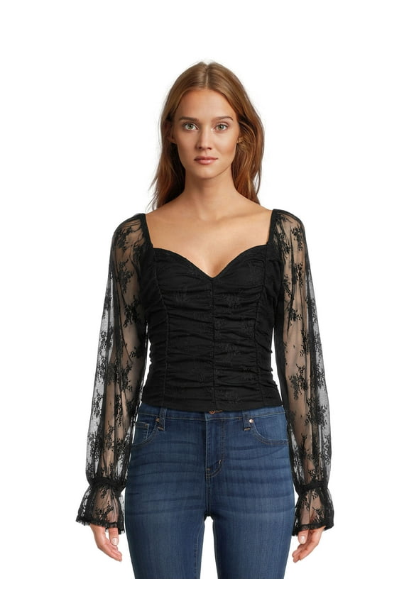 Juniors Shirred Bodice Crop Top with Blouson Sleeves