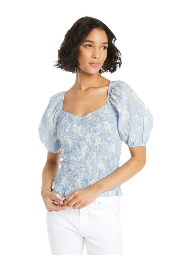 Juniors Smocked Top with Puff Sleeves, Sizes XS-XL