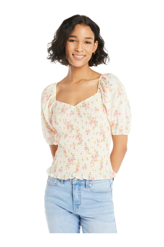 Juniors Smocked Top with Puff Sleeves, Sizes XS-XL