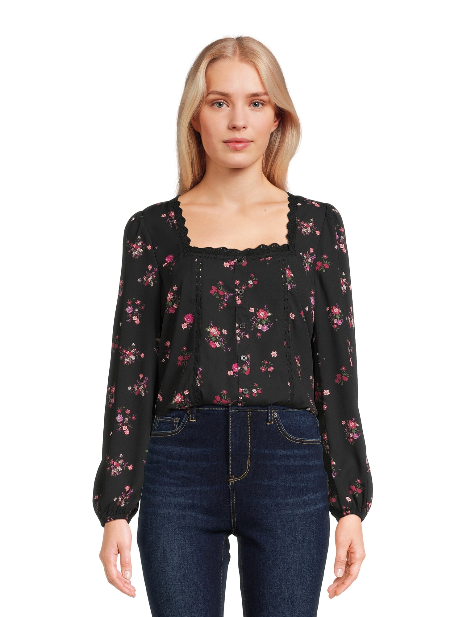 Self Esteem Juniors Square Neck Lace Trim Top with Long Sleeves, Sizes S-XL