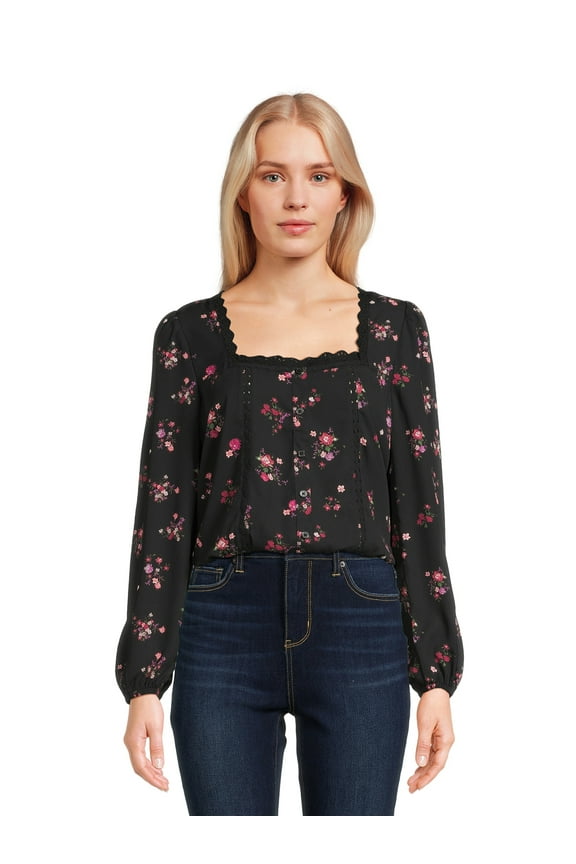 Juniors Square Neck Lace Trim Top with Long Sleeves, Sizes S-XL