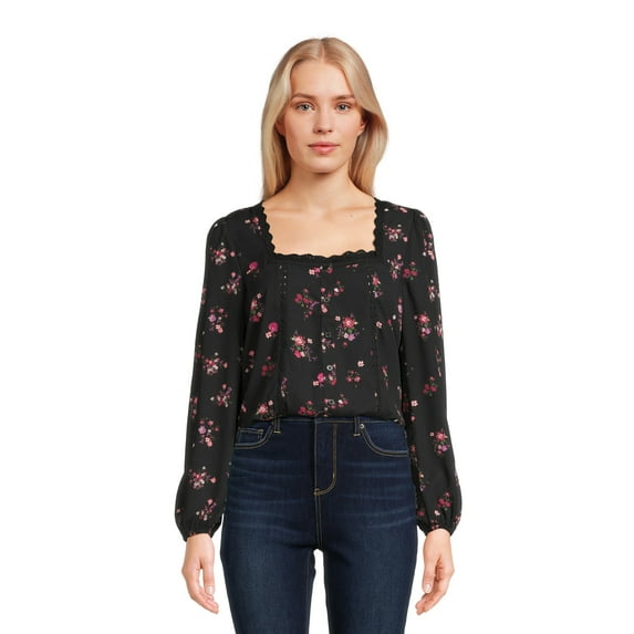 Self Esteem Juniors Square Neck Lace Trim Top with Long Sleeves, Sizes S-XL