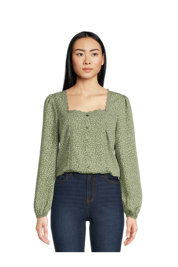 Juniors Square Neck Lace Trim Top with Long Sleeves, Sizes S-XL