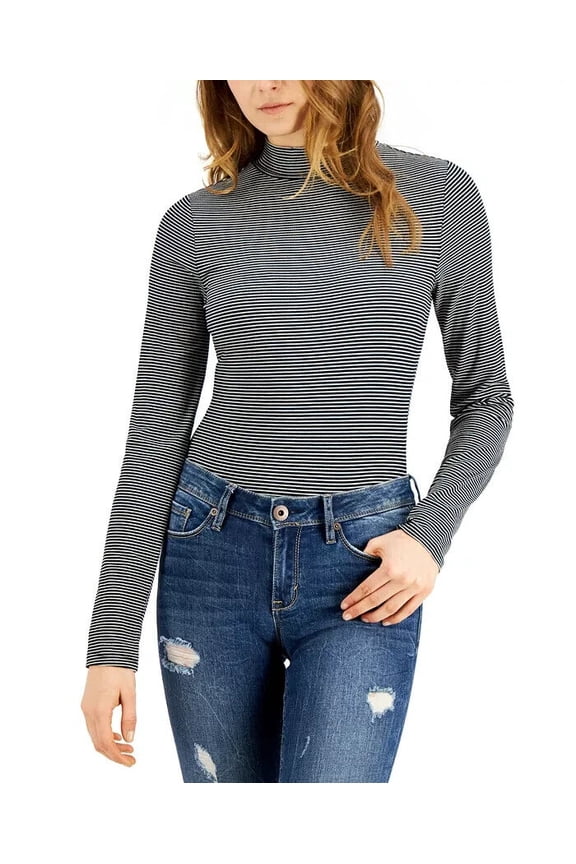 Juniors' Striped Mock-Neck Bodysuit- Black L 0
