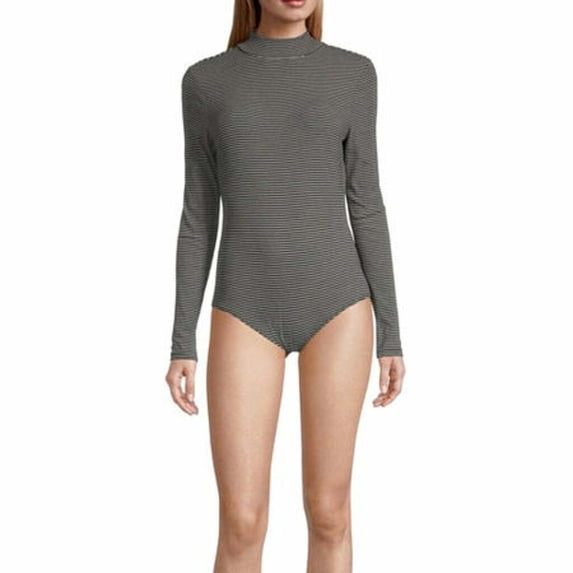 Self Esteem Juniors' Striped Mock-Neck Bodysuit- Black Medium 0