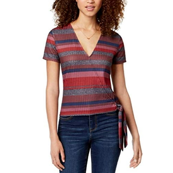 Self Esteem Juniors' Striped Wrap Top (Burgundy Multi, S)
