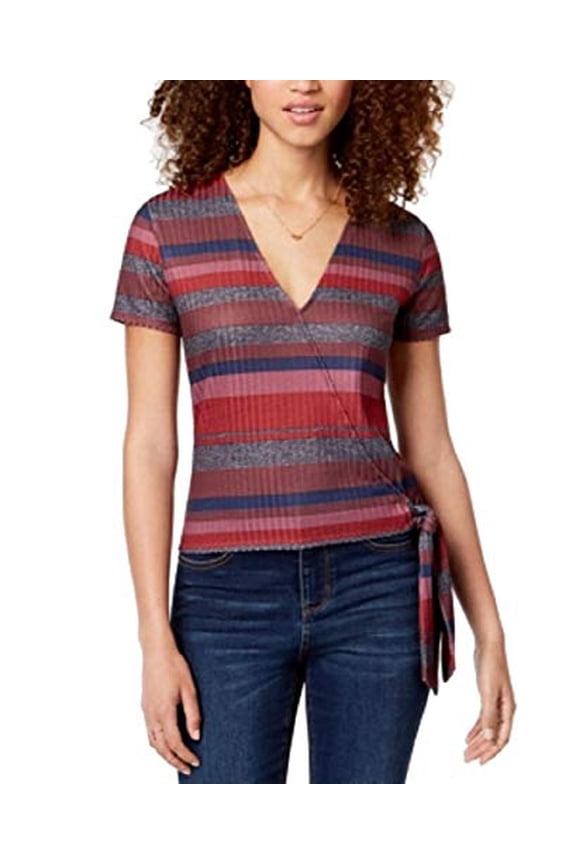 Juniors' Striped Wrap Top (Burgundy Multi, S)