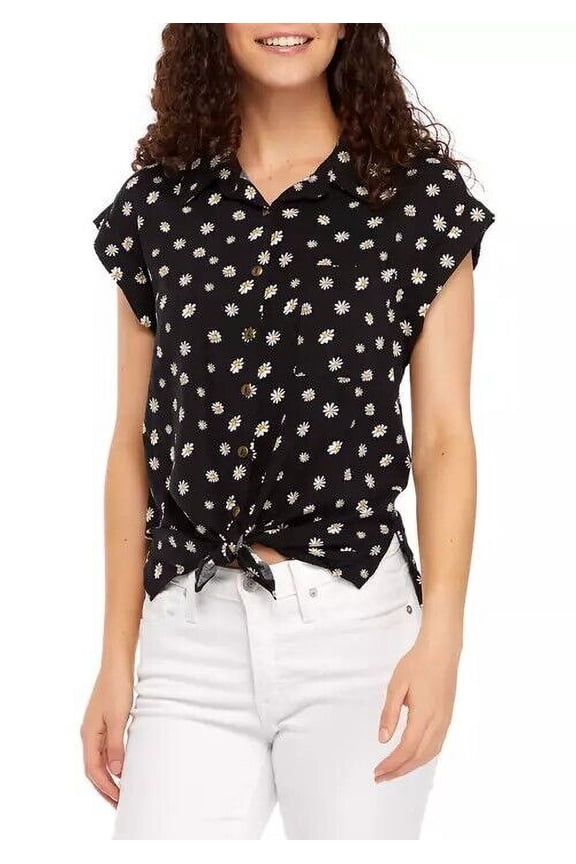 Women's Juniors Flutter Sleeve Floral Button Front Tie Black XS B4HP