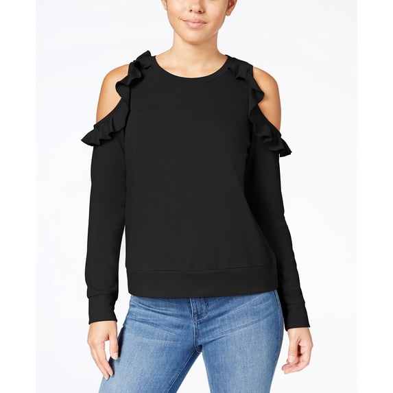 Self Esteem Women's Ruffle Cold Shoulder Long Sleeve Sweatshirt, Black, Small