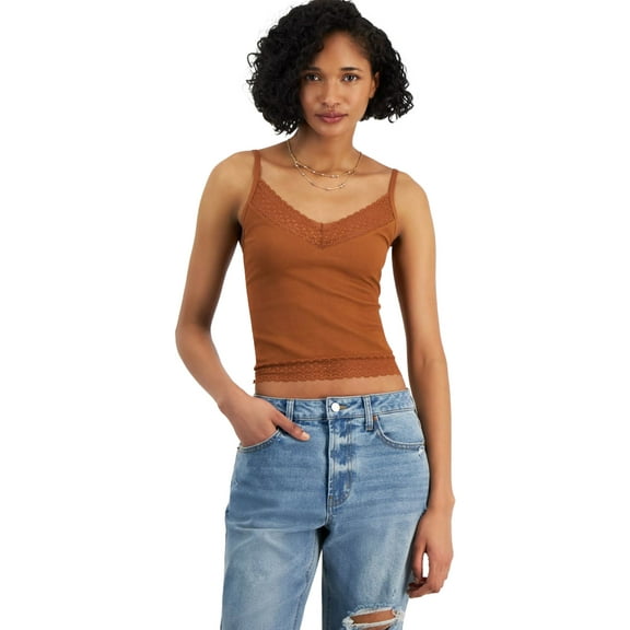 Self Esteem Womens Lace Trimmed Cami Tank Top, Brown, Juniors, L/XL