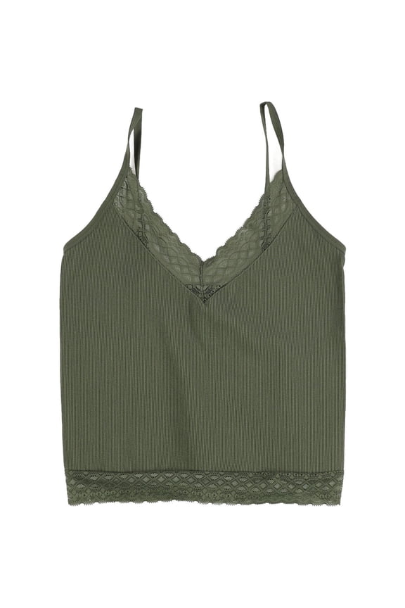 Womens Lace Trimmed Cami Tank Top, Green, Juniors, L/XL