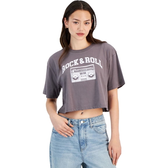 Self Esteem Womens Rock & Roll Cropped Graphic T-Shirt, Grey, Juniors, Large