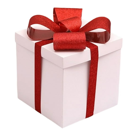 Self Foldable White Paper Gift Box with Red Glitter Ribbon Bow, Empty Decorative Present Container for Christmas Holiday Indoor Outdoor Scene Display Ornament