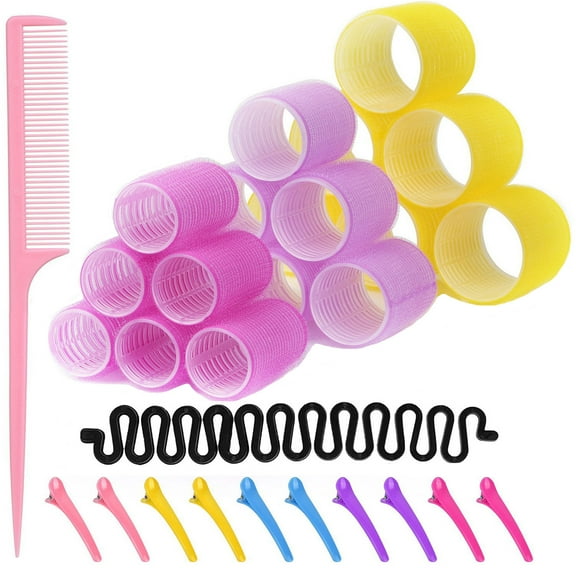 Self Grip Hair Rollers Set,18 Pcs 3 Size Hair Curlers,Hair Rollers for Long Medium and Short Hair,Hair Rollers with Colored Clips and Comb,Salon Hairdressing Curlers DIY Hair Roller
