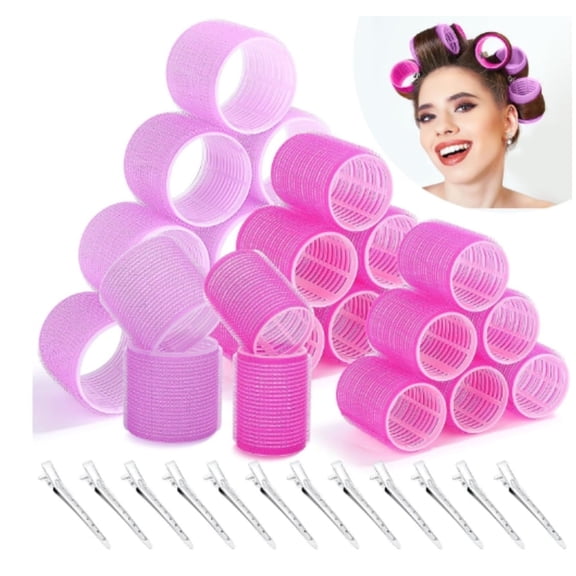 18 Pcs Self Grip Rollers Set with 3 Sizes (6 Large, 6 Medium, 6 Small) and 12 Clips, Hair Rollers Curlers for Volume Long Medium Short Hair