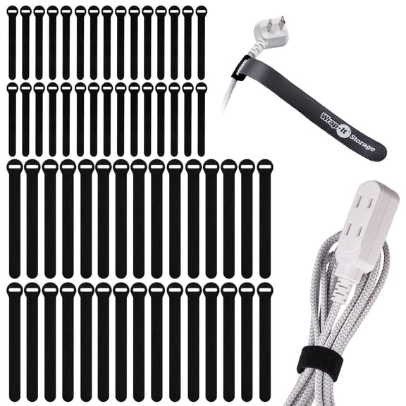 Wrap-It Storage Self-Gripping Reusable Cable Ties - 5" and 8" (60 Pack) - Reusable Hook and Loop Cord Ties, Cord Organizer for Cable Management - Black