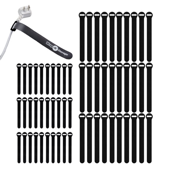 Wrap-It Storage Self-Gripping Reusable Cable Ties - 5" and 8" (60 Pack) - Reusable Hook and Loop Cord Ties, Cord Organizer for Cable Management - Black