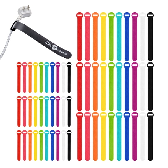 Wrap-It Storage Self-Gripping Reusable Cable Ties - 5" and 8" (60 Pack) - Reusable Hook and Loop Charging Cord Wraps for Cord Management - Multi-Color