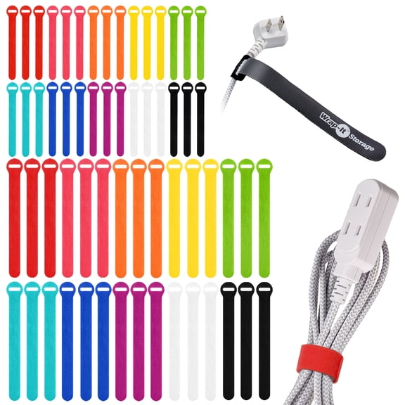 Wrap-It Storage Self-Gripping Reusable Cable Ties - 5" and 8" (60 Pack) - Reusable Hook and Loop Charging Cord Wraps for Cord Management - Multi-Color