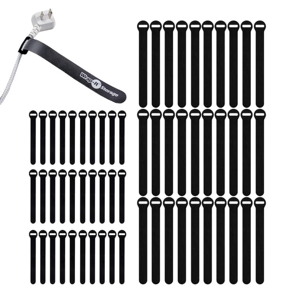 Self-Gripping Cable Ties by Wrap-It Storage, Black, 60 Pack (5 Inch and 8 Inch Straps) – Reusable Hook and Loop Cord Wraps for Cord Management