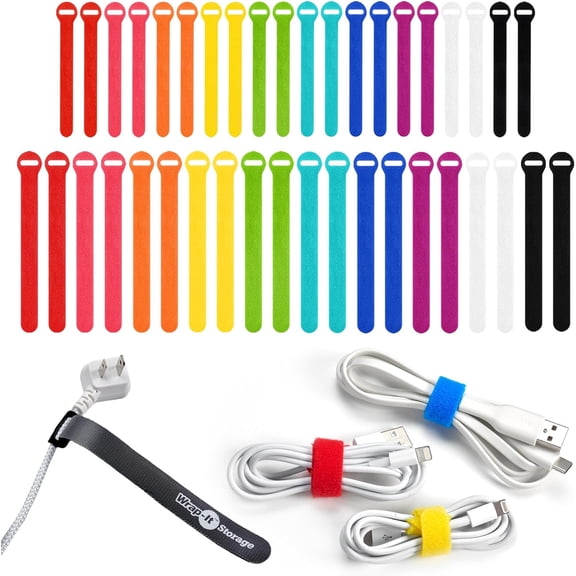 Self-Gripping Cable Ties by , Multi-Color, 40 Pack (5 Inch and 8 Inch Straps) Reusable Hook and Loop Cord Keeper, Cable Wrappers for Cord Management and Home Office Desk Organization