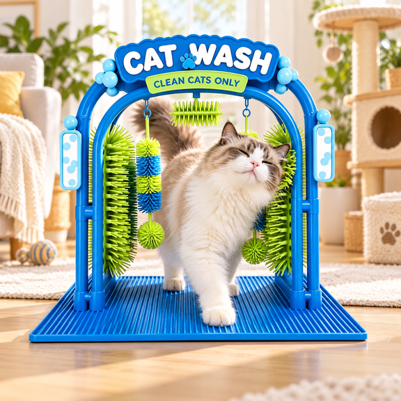 Self Grooming Cat Brush Station, Interactive Cat Grooming Arch with Side Bristles and Hanging Brushes, Stable Hair Catcher Base for Loose Fur and Indoor Coat Care,1pcs