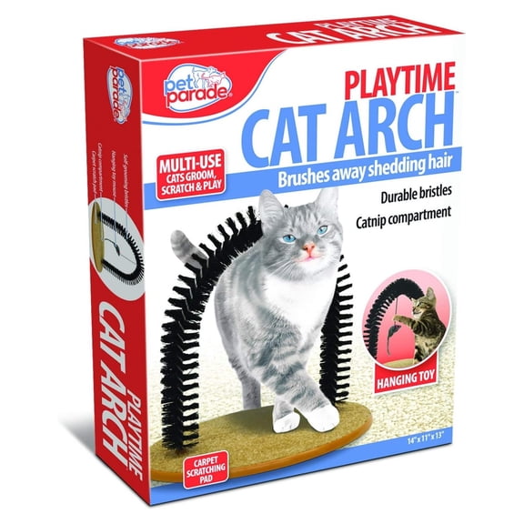 Self-Grooming Playtime Cat Arch - Helps Prevent Hairballs & Controls Shedding - Includes Hanging Toy, Black