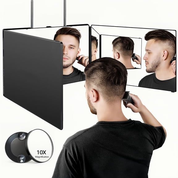 Self Hair Cutting Mirror, 360 Viewing Angle, Clear Anti-Fog HD Glass, Easy to Use, Height Adjustable, Portable, Plastic Frame, Good Choice for Gifts
