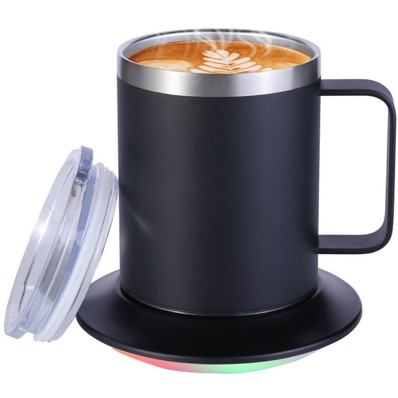Heated Coffee Cup with Temperature Control (131°F) - Double Wall Stainless Steel, Color Changing LED Mood Lights & 10H Auto Shut-Off - USB Powered Mug Warmer Set, Black-12oz