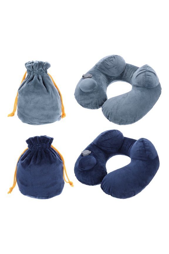 Self-Inflatable Plush Pillow for Travel Airplane with Bag Green Navy Blue 2 Pack