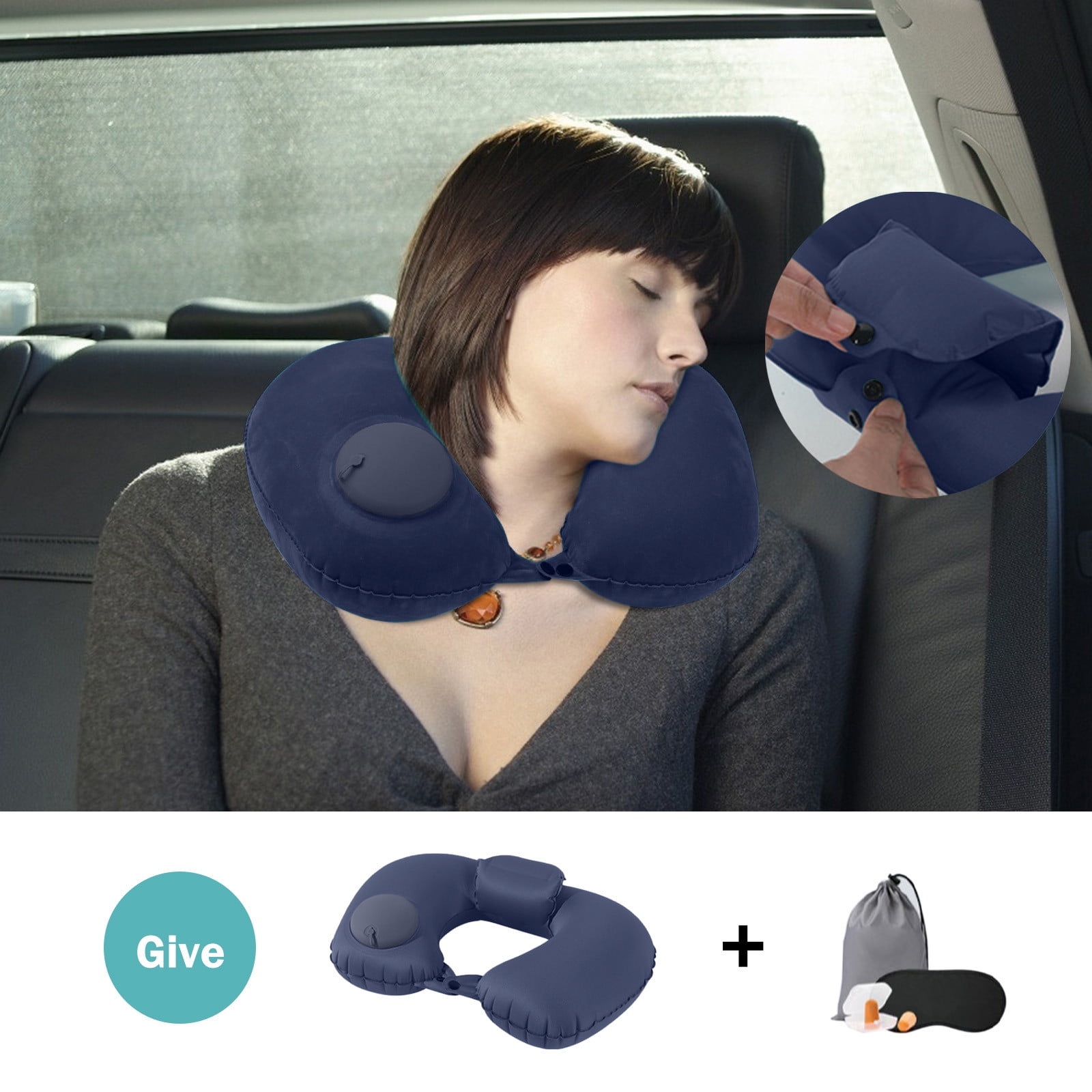 Travel Pillow Soft Velvet Inflatable Neck Support Pillows for Airplanes Washable Cover with Portable Carrying Bag Walmart