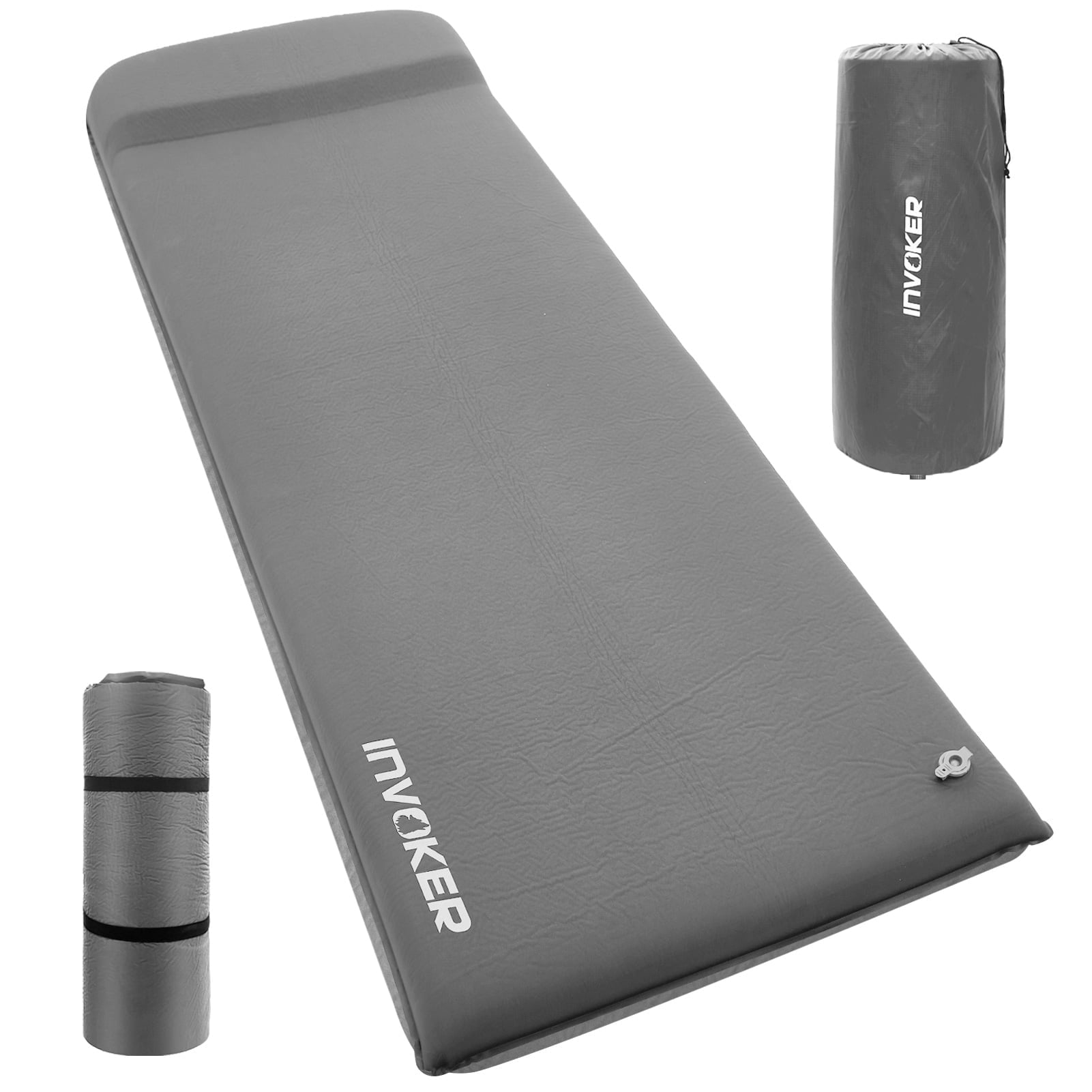 INVOKER Self Inflating Camping Sleeping Pad, 2" Thick Memory Foam Camping Mat Air Mattress Fast Inflating with Pillow for Tent, Car, Traveling,Gray