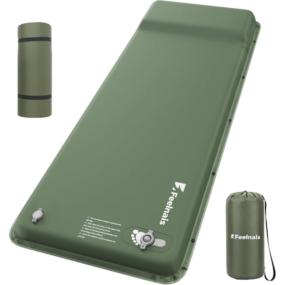 Self-Inflating Camping Sleeping Pad with Built-In Pillow and Foot Pump Single Size, Green, 76.8" x 25.6" x 2"