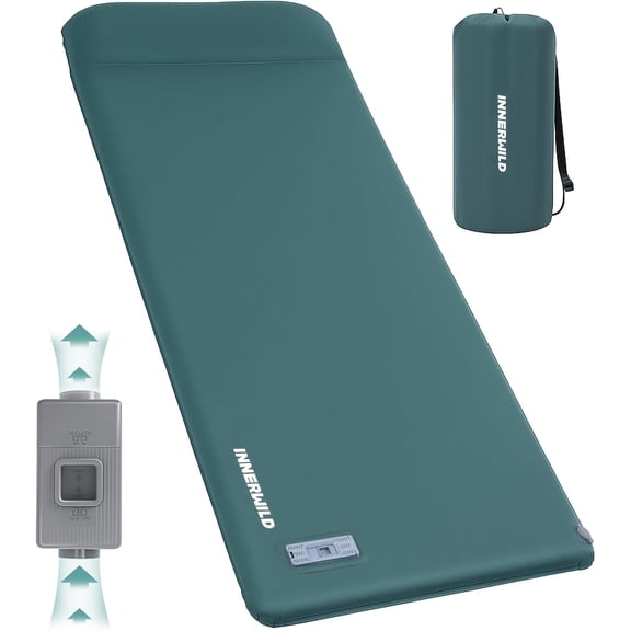 Self-Inflating Camping Sleeping Pad with Built-In Pillow and USB-C Electric Pump Green, Single Size, 3.15-Inch Memory Foam Mattress