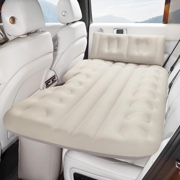 Self-Inflating SUV Air Mattress Car Back Seat Bed, PVC Flocked Surface Car Air Couch Cushion Built-in Charging Pump for Rapid Inflation and Deflation (Beige)