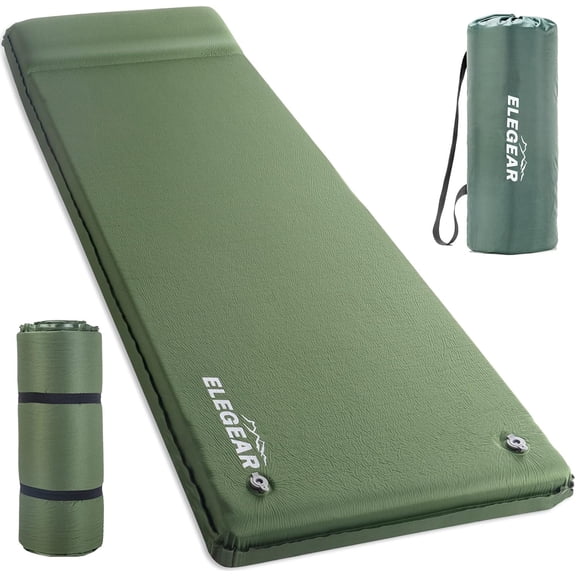 Self-Inflating Sleeping Pad 3.15 Inch Ultra-Thick Memory Foam Camping Mat with Built-In Pillow, Army Green, Single Size