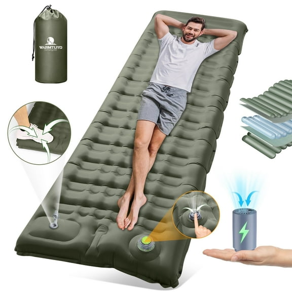 WARMTUYO Electric Self Inflating Sleeping Pad and Foot Pump, 78.74x26.77x4.72in Thickened Camping Mattress with Pillow, for Outdoor Hiking Traveling Cot Mats, Waterproof - Army Green